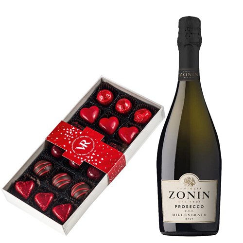Zonin Prosecco Brut Millesimato DOC and Assorted Box Of Heart Chocolates 215g